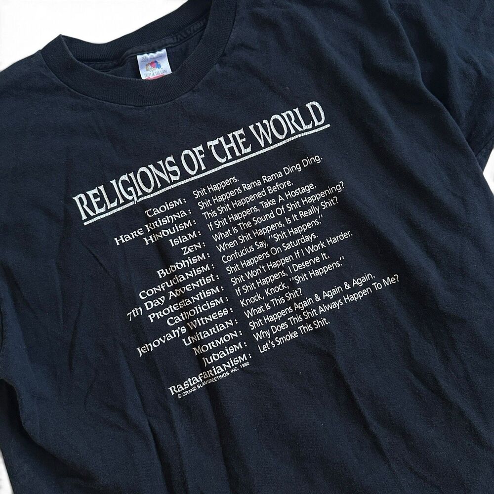 True Vtg Religions of the World XL Black T-Shirt Humorous Single-Stitch FORL